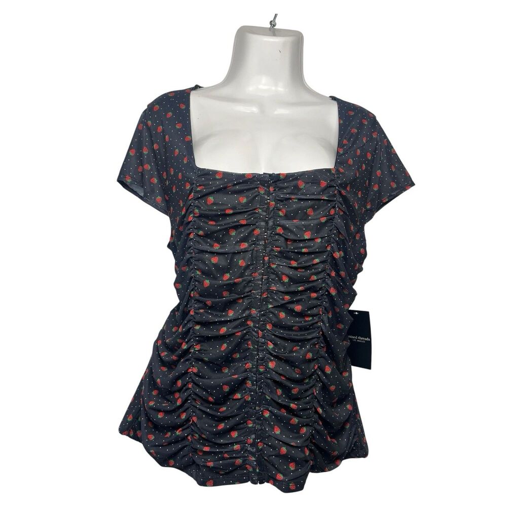 Mixed Threads 2X Strawberry Mesh Top Hook & Eye Corset Front Ruched Black